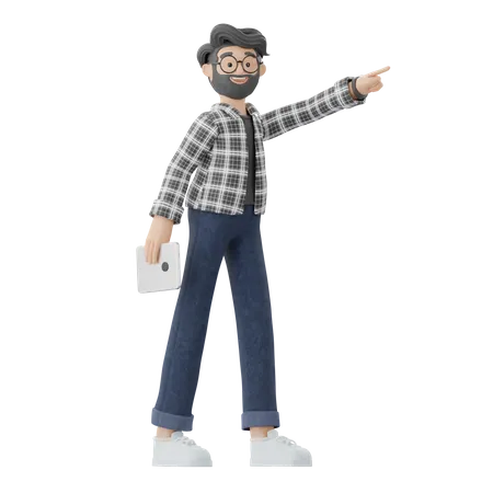Man Pointing Up While Holding Ipad  3D Illustration