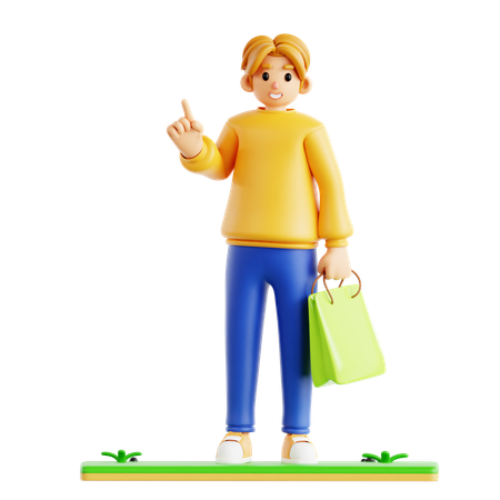 Man Pointing Up While Holding Shopping Bag  3D Icon
