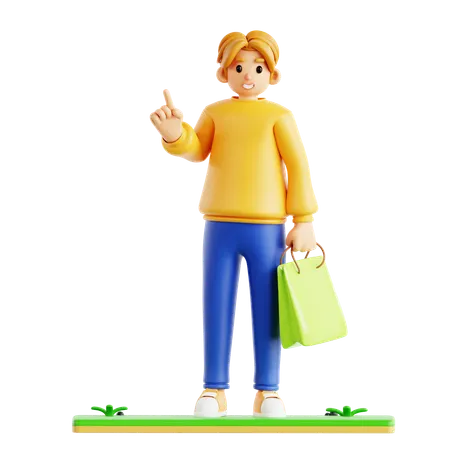 Man Pointing Up While Holding Shopping Bag  3D Icon