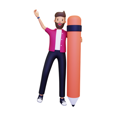 Man Posing Next To Pencil  3D Icon