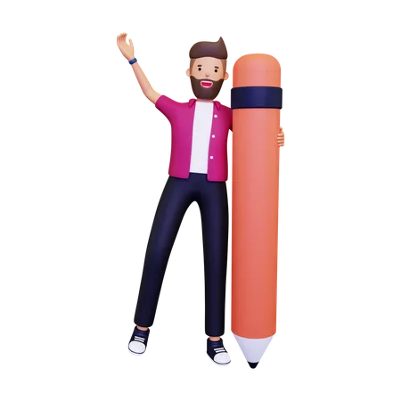 Man Posing Next To Pencil  3D Illustration