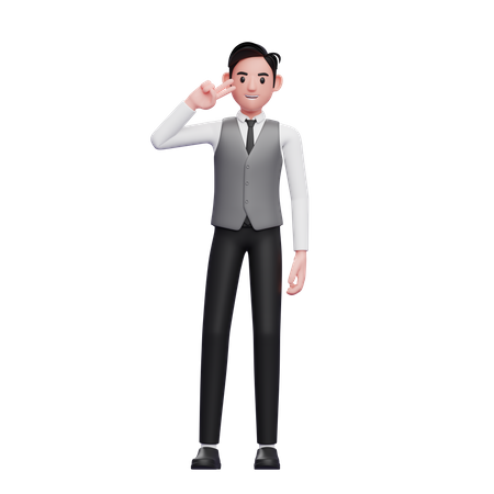 Man posing peace finger wearing a gray office vest  3D Illustration