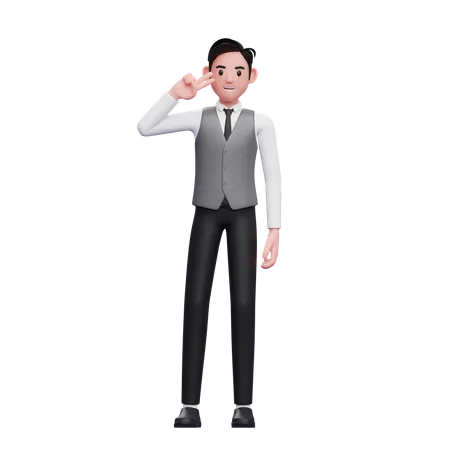 Man posing peace finger wearing a gray office vest  3D Illustration