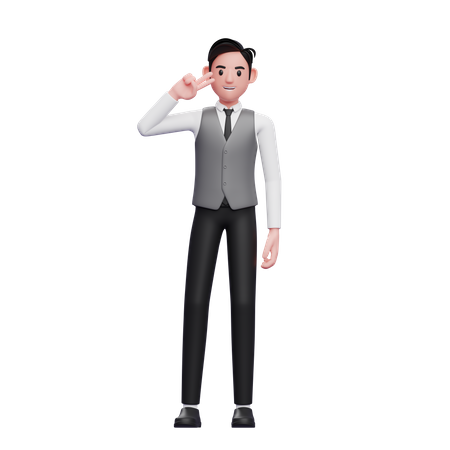 Man posing peace finger wearing a gray office vest 3D Illustration