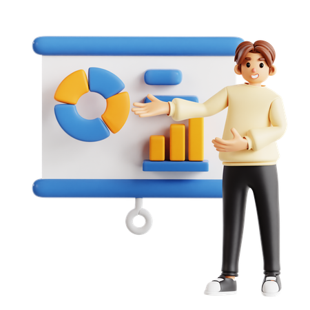 Man Presenting Data Analytics With Chart And Coins  3D Illustration