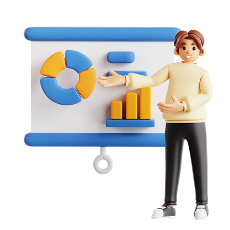 Man Presenting Data Analytics With Chart And Coins  3D Illustration