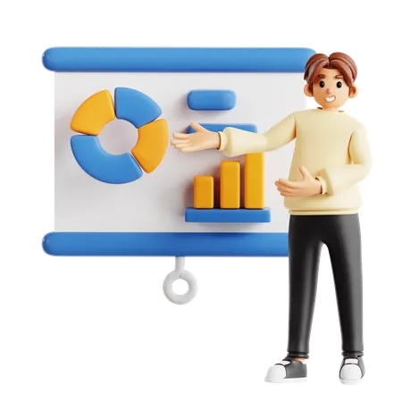 Man Presenting Data Analytics With Chart And Coins  3D Illustration