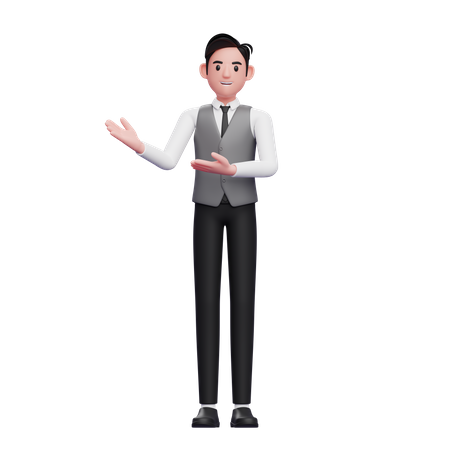 Man presenting pose wearing a gray office vest 3D Illustration
