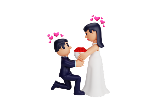 Man Proposes to Girl with flower Bouquet  3D Icon