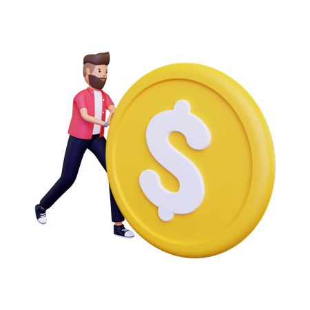 Man pushing a massive gold coin 3D Illustration