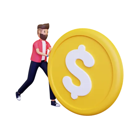 Man pushing a massive gold coin  3D Illustration