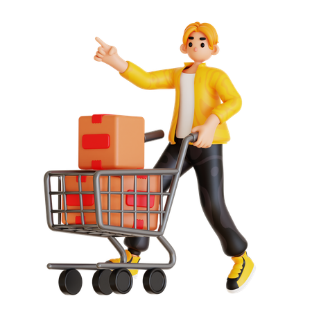 Man Pushing Cart With Boxes  3D Illustration