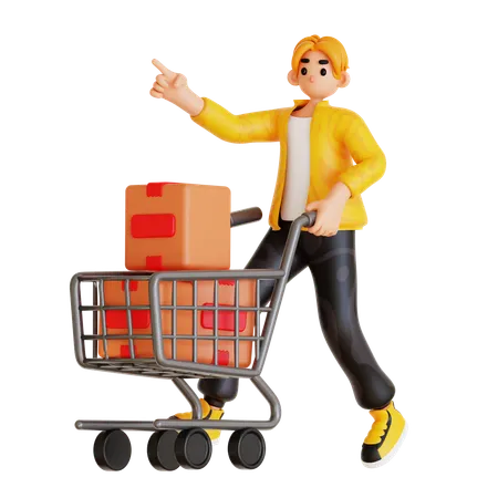 Man Pushing Cart With Boxes  3D Illustration