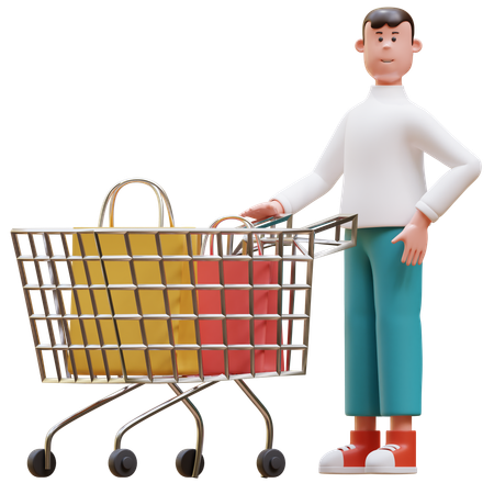 Man Pushing Shopping Cart  3D Illustration