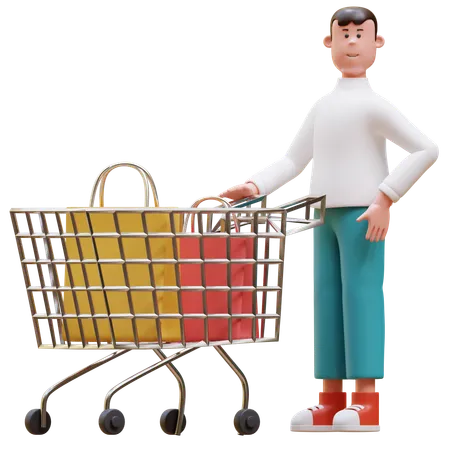 Man Pushing Shopping Cart  3D Illustration