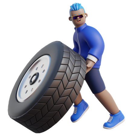 Man Pushing Tyre  3D Illustration