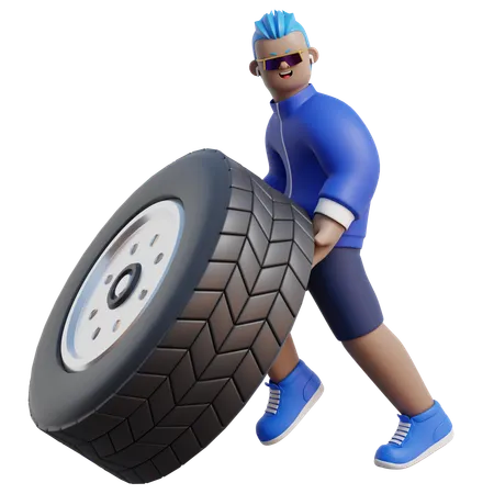 Man Pushing Tyre  3D Illustration