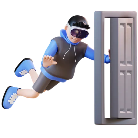 Man Pushing Virtual Door  3D Illustration