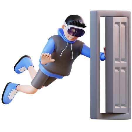 Man Pushing Virtual Door  3D Illustration