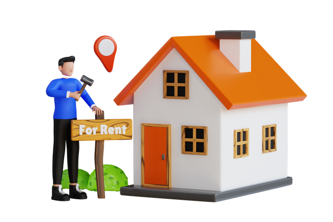 Man Putting Home For Rent Board  3D Illustration