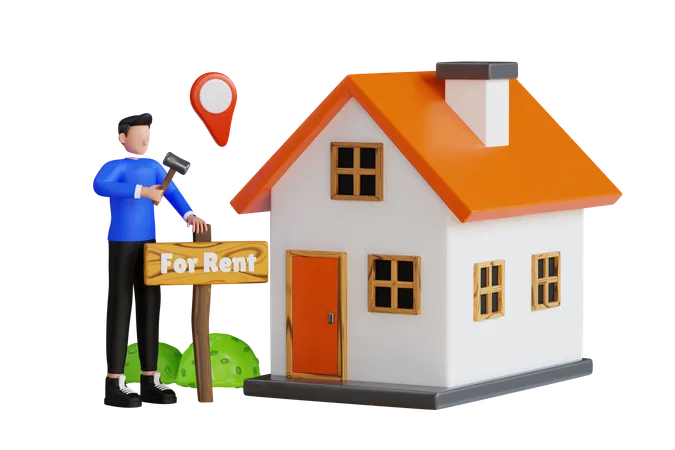 Man Putting Home For Rent Board  3D Illustration