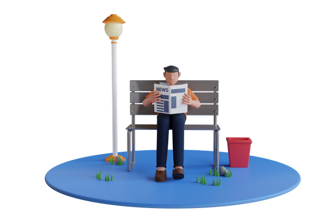 Man read newspaper in park  3D Illustration