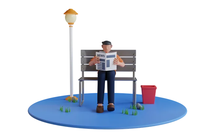 3 D Man Read Newspaper In Park Man Sitting On Bench And Reading Newspaper 3D Illustration