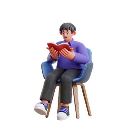 Man Reading Book while Sitting on Chair  3D Illustration