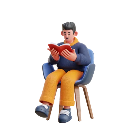 Man Reading Book while Sitting on Chair  3D Illustration