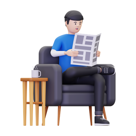 Man reading the newspaper while having coffee  3D Icon