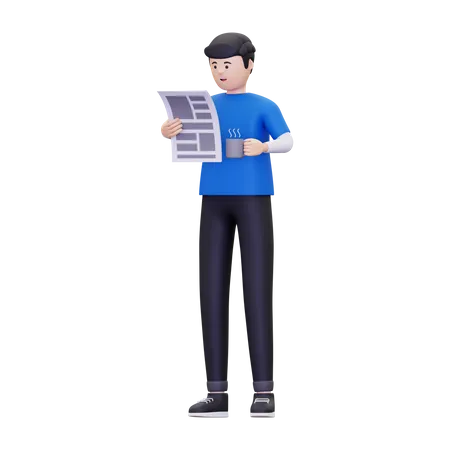 Man reading the newspaper while having coffee  3D Illustration