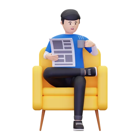 Man reading the newspaper while having coffee  3D Illustration