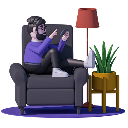 Man Relax On Chair Type Massage On Mobile  3D Icon