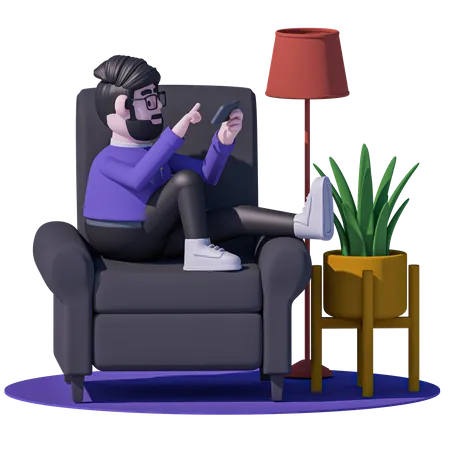 Man Relax On Chair Type Massage On Mobile  3D Icon