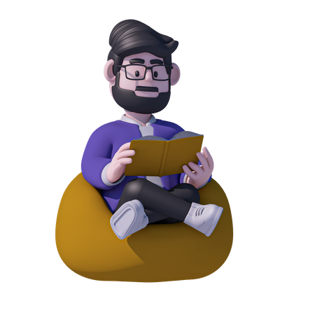 Man Relaxation On Bean Bag And Read Book  3D Icon