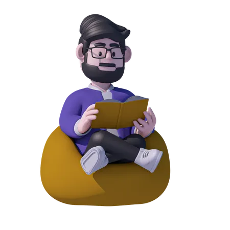 Man Relaxation On Bean Bag And Read Book  3D Icon