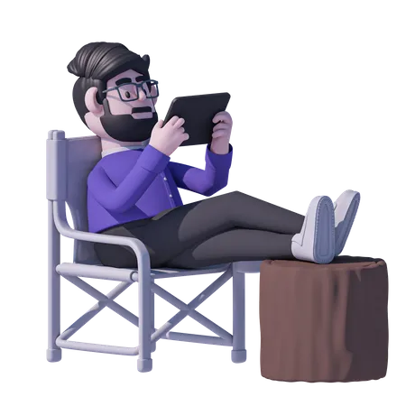 Man Relaxation On Chair And Watch Tablet  3D Icon