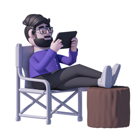 Man Relaxation On Chair And Watch Tablet  3D Icon