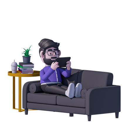 Man Relaxation On Sofa And Watch Tablet  3D Icon