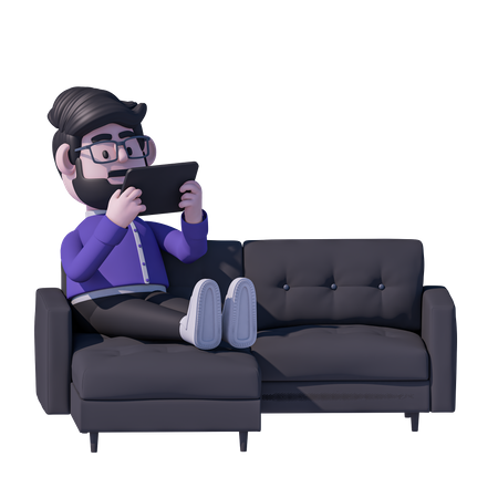 Man Relaxation On Sofa And Watch Tablet  3D Icon