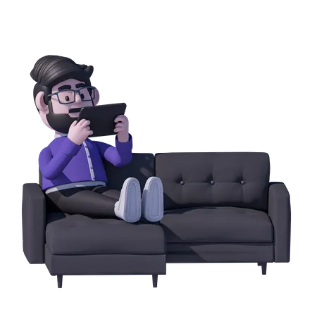 Man Relaxation On Sofa And Watch Tablet  3D Icon