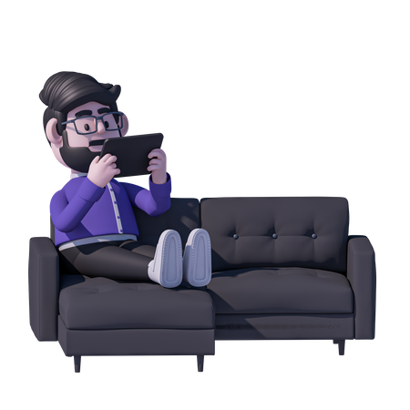 Man Relaxation On Sofa And Watch Tablet  3D Icon