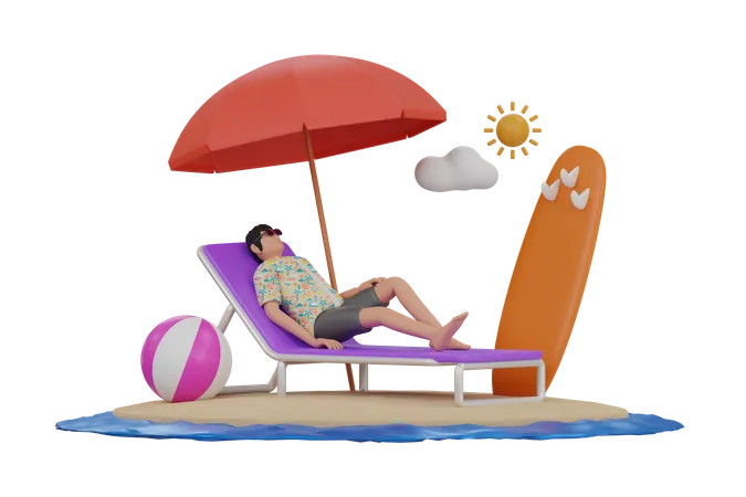 Man relaxing at beach 3D Illustration