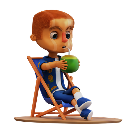 Man Relaxing on Beach Drinking Coconut  3D Icon