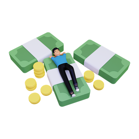 Man relaxing on pile of money  3D Icon
