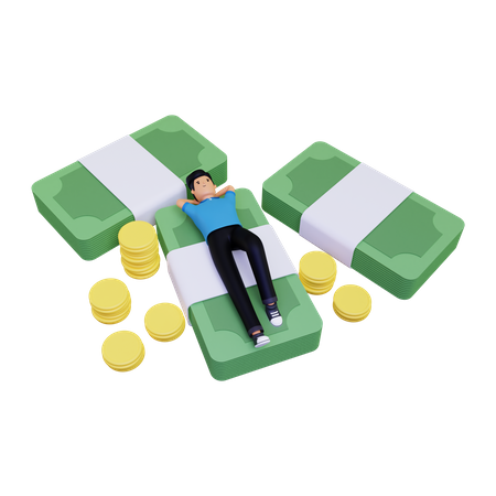 Man relaxing on pile of money  3D Illustration