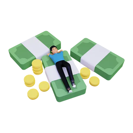 Man relaxing on pile of money  3D Illustration