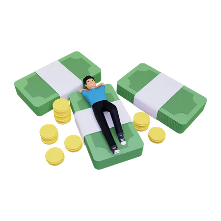 Man relaxing on pile of money 3D Illustration