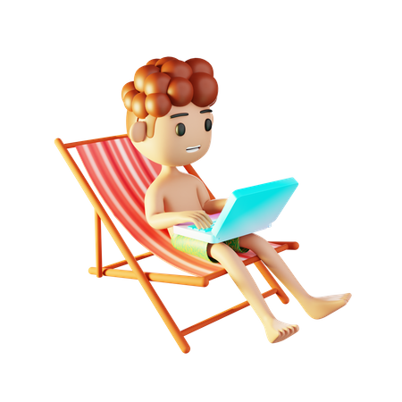 Man relaxing on the beach and working laptop  3D Illustration