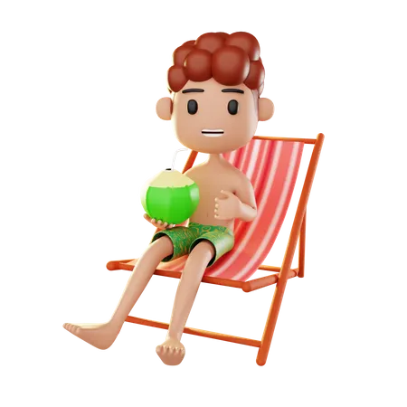 Man relaxing on the beach drinking coconut water 3D Illustration